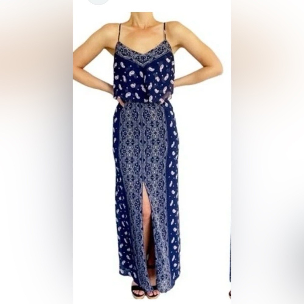 Princess Vera Wang Blue Maxi Dress‎ Paisley Print Strappy Front Slit Size XL